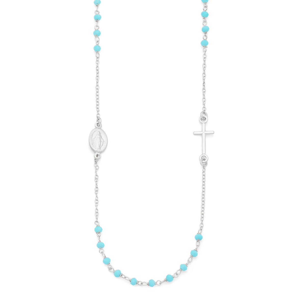 Sterling Silver Rosary Necklace with Light Blue Beads