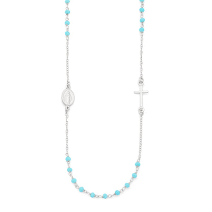 Sterling Silver Rosary Necklace with Light Blue Beads