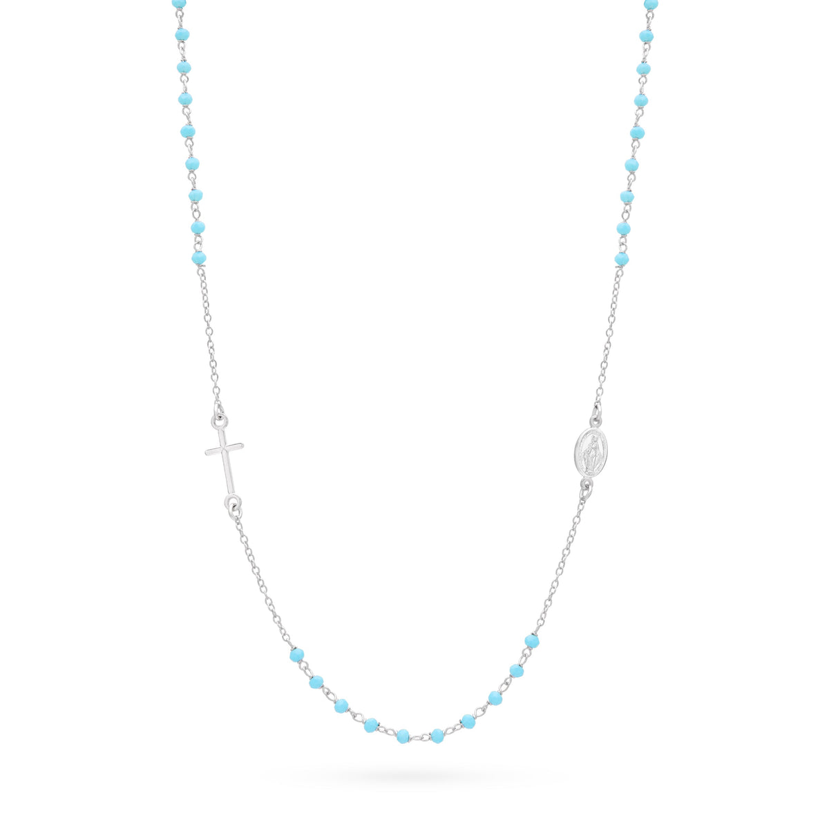 Sterling Silver Rosary Necklace with Light Blue Beads