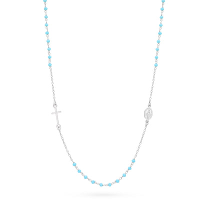 Sterling Silver Rosary Necklace with Light Blue Beads