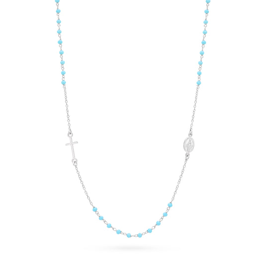 Sterling Silver Rosary Necklace with Light Blue Beads
