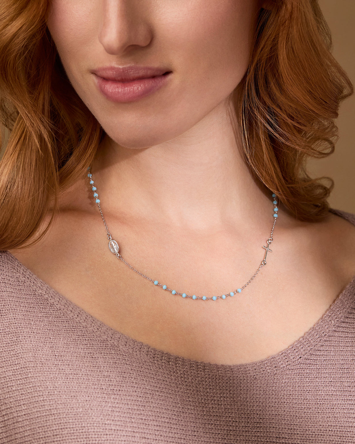 Sterling Silver Rosary Necklace with Light Blue Beads