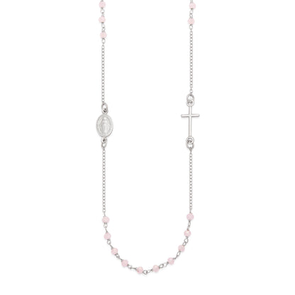 Sterling Silver Rosary Necklace with Light Pink Beads