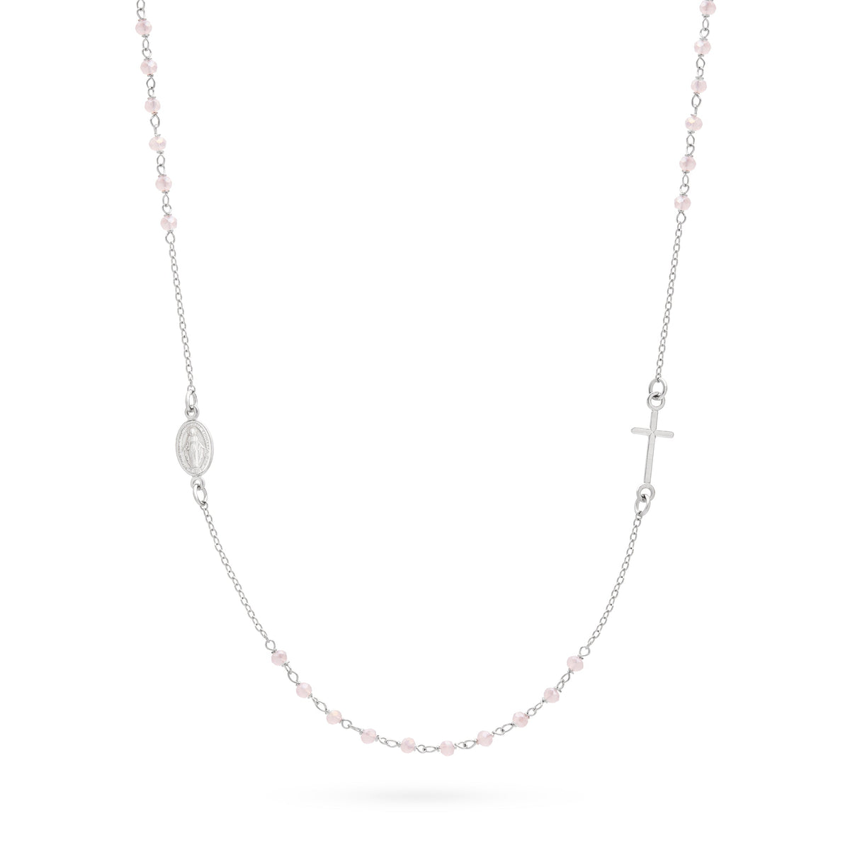 Sterling Silver Rosary Necklace with Light Pink Beads