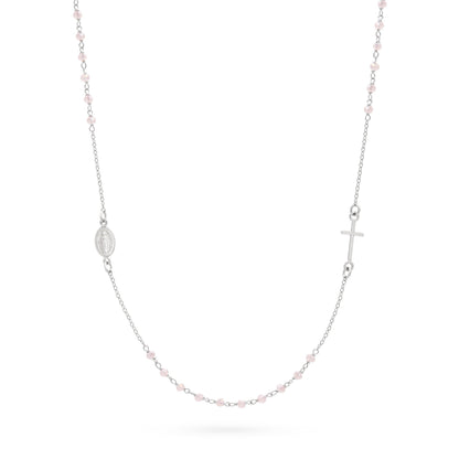 Sterling Silver Rosary Necklace with Light Pink Beads
