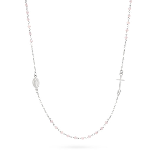 Sterling Silver Rosary Necklace with Light Pink Beads