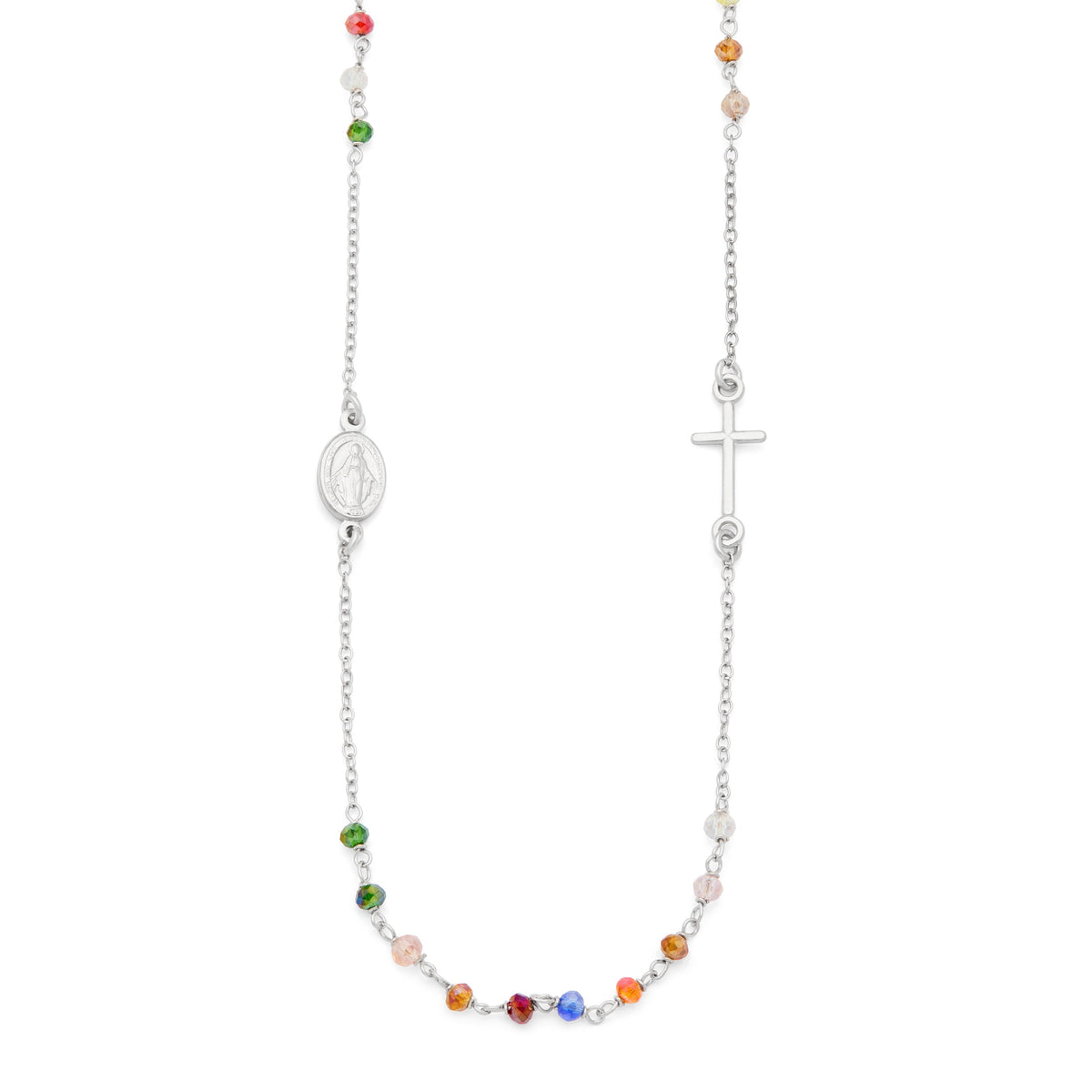 Sterling Silver Rosary Necklace with Multicolored Beads