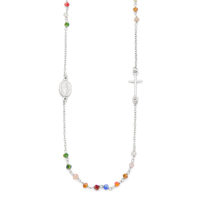Sterling Silver Rosary Necklace with Multicolored Beads