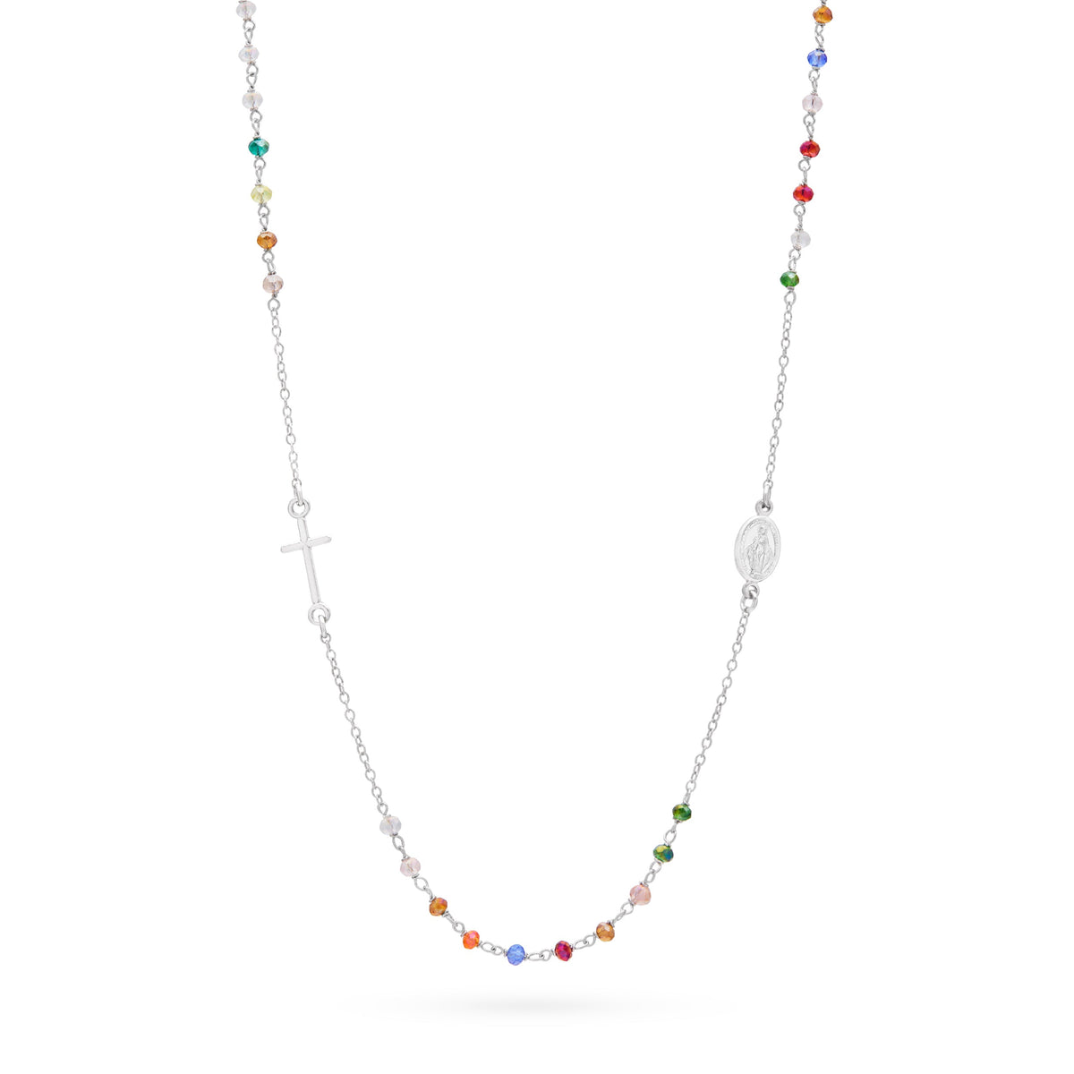Sterling Silver Rosary Necklace with Multicolored Beads