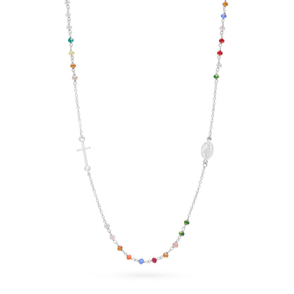 Sterling Silver Rosary Necklace with Multicolored Beads