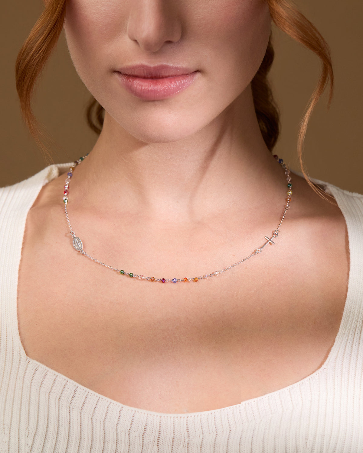 Sterling Silver Rosary Necklace with Multicolored Beads