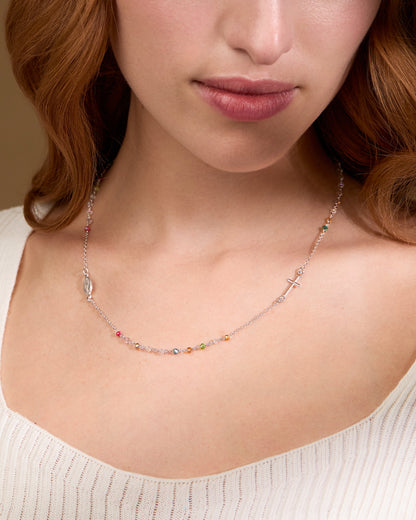 Sterling Silver Rosary Necklace with Multicolored Beads