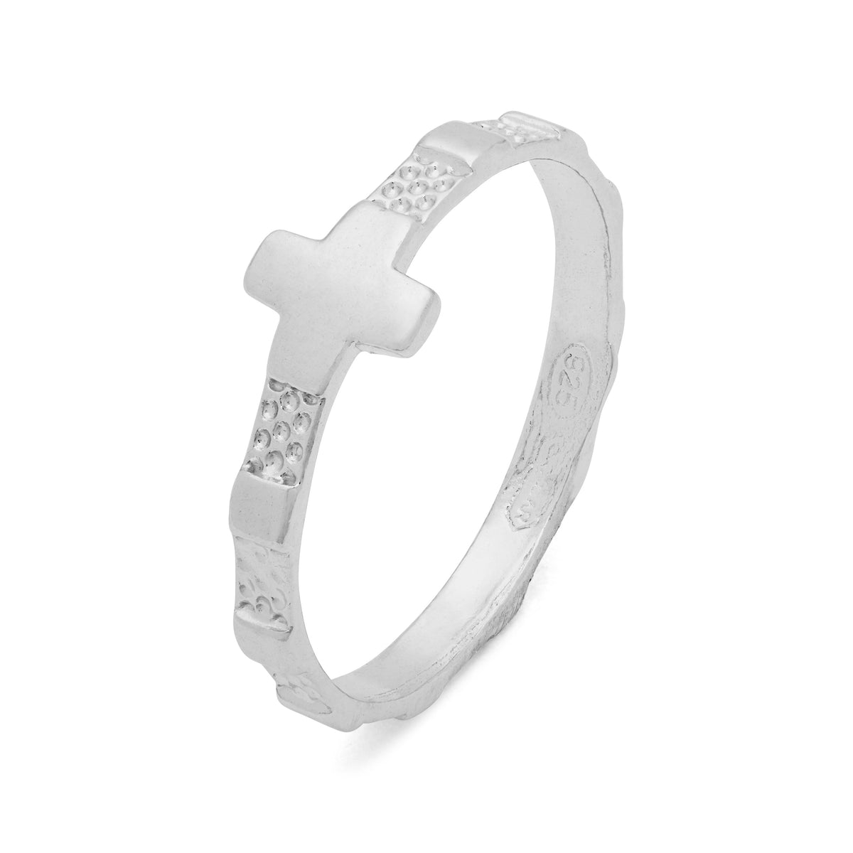 Sterling Silver Rosary Ring with Flat Cross And Beads