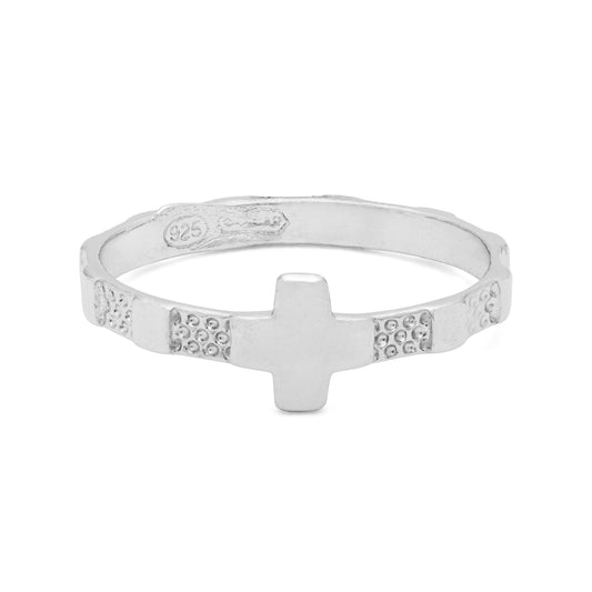 Sterling Silver Rosary Ring with Flat Cross And Beads