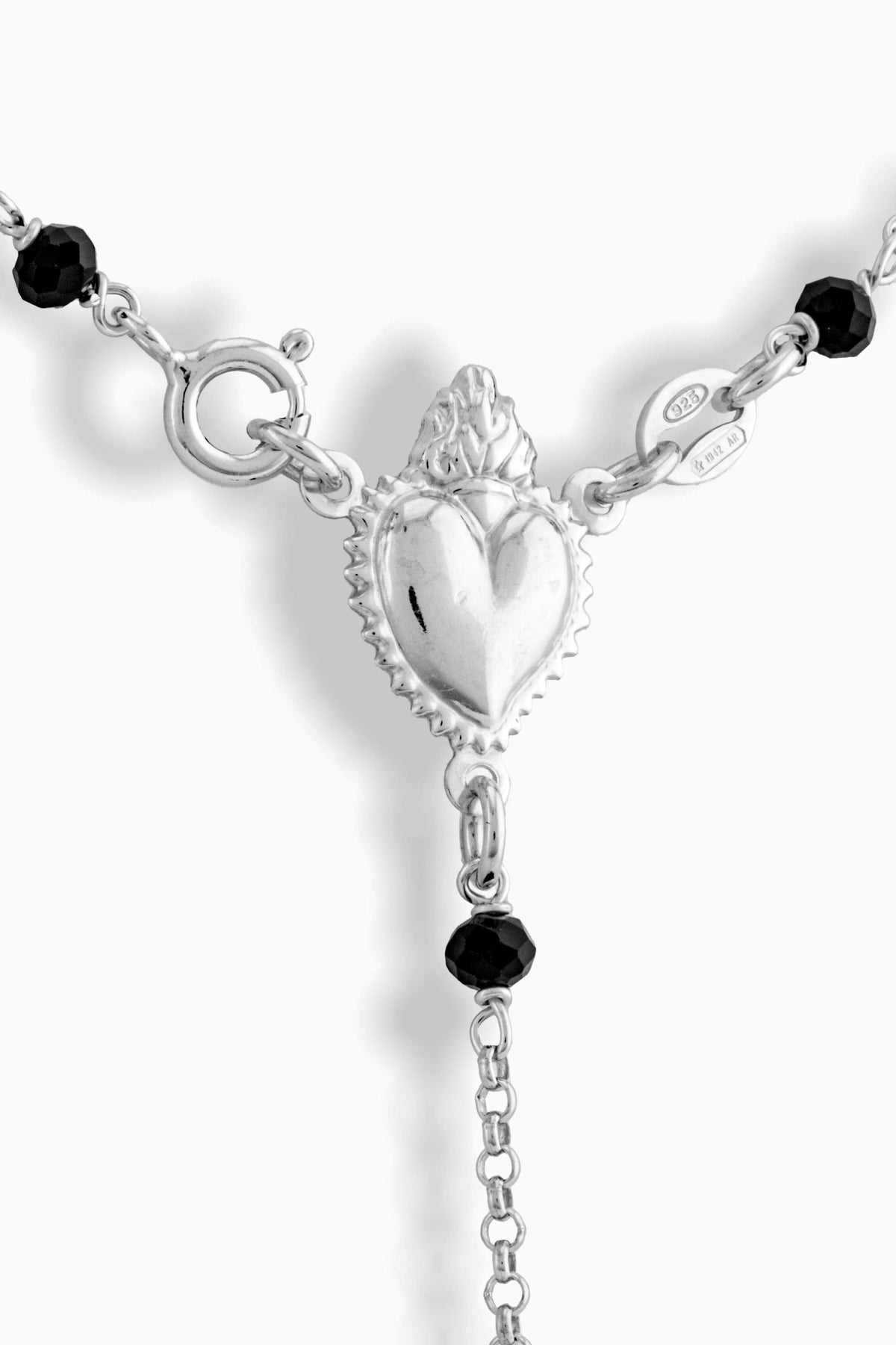 STERLING SILVER ROSARY SACRED HEART 3MM BLACK BEADS