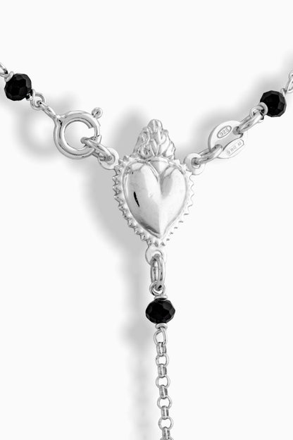 STERLING SILVER ROSARY SACRED HEART 3MM BLACK BEADS