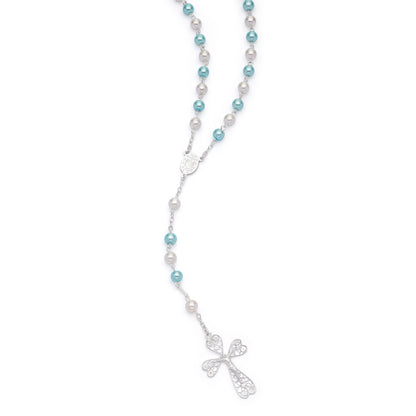 Sterling Silver Rosary with White and Light Blue Synthetic Pearl Beads