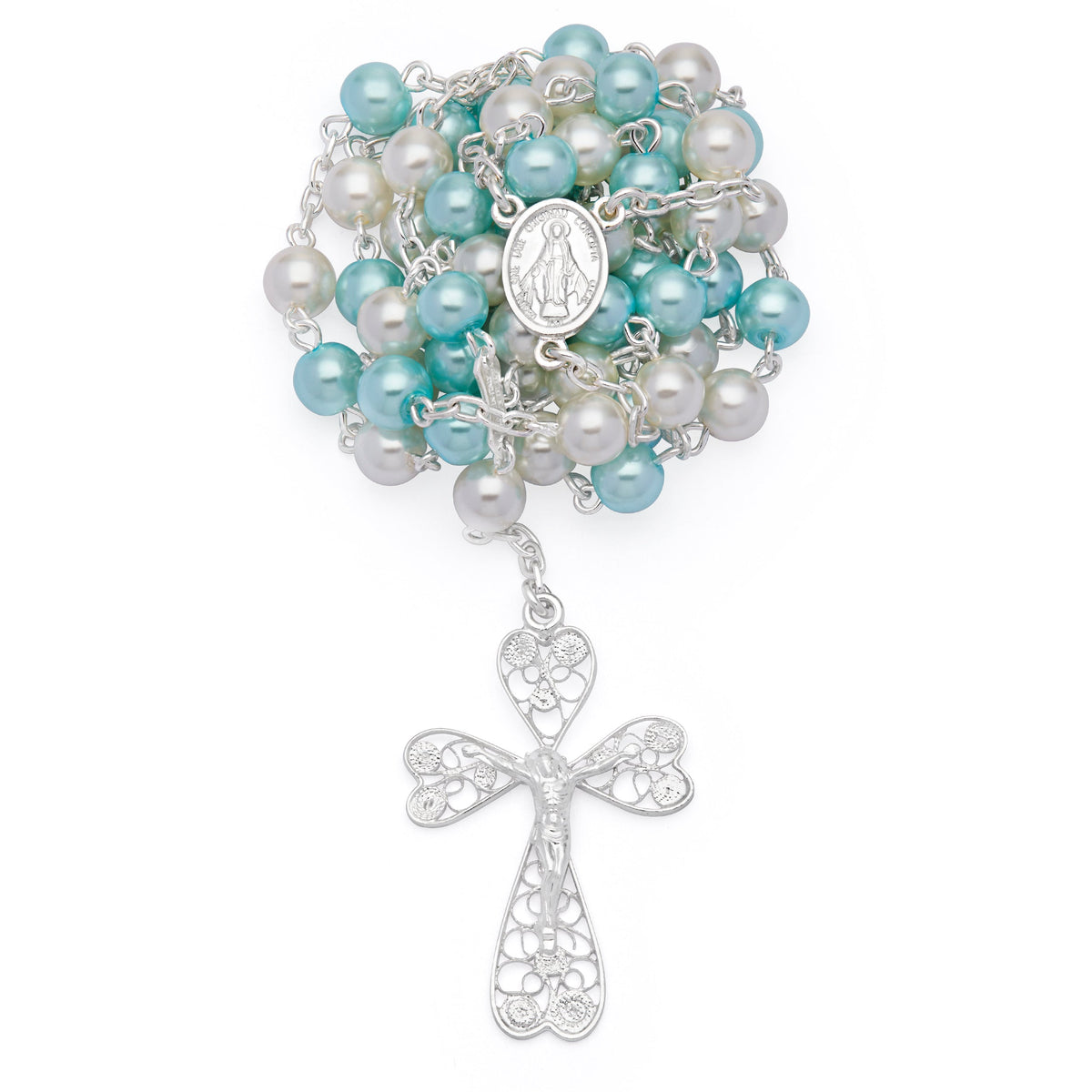 Sterling Silver Rosary with White and Light Blue Synthetic Pearl Beads