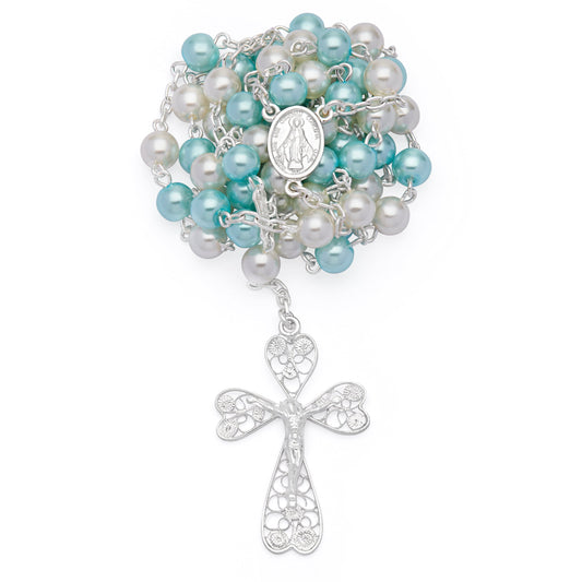 Sterling Silver Rosary with White and Light Blue Synthetic Pearl Beads