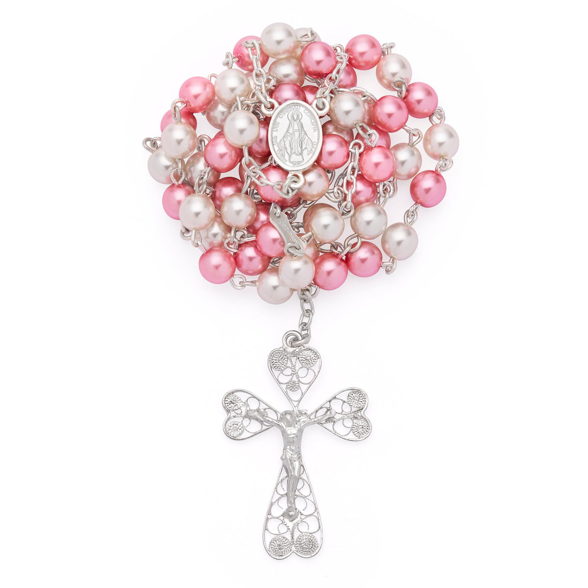 Sterling Silver Rosary with White and Pink Synthetic Pearl Beads