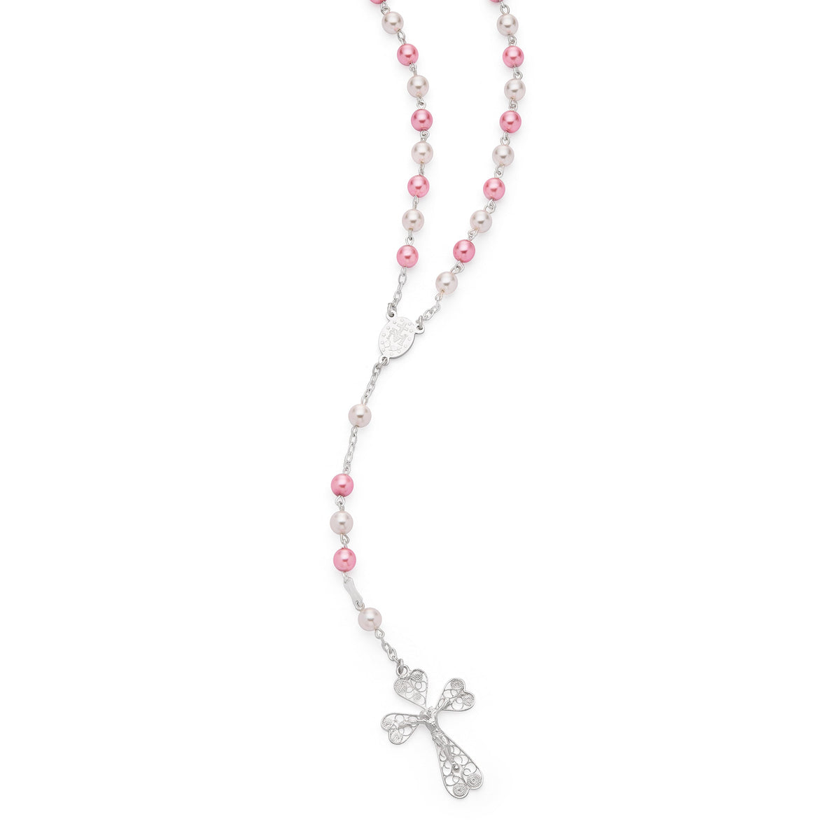 Sterling Silver Rosary with White and Pink Synthetic Pearl Beads