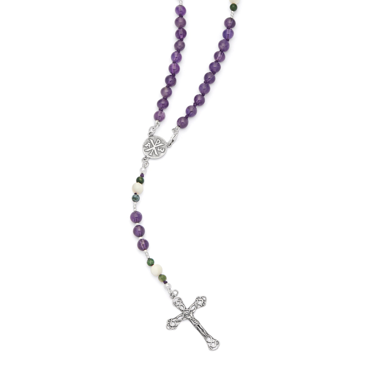 Sterling Silver Rosary with Amethyst, Mother-of-pearl and Indian Agate Beads