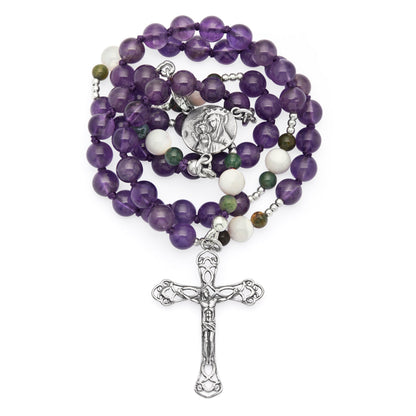 Sterling Silver Rosary with Amethyst, Mother-of-pearl and Indian Agate Beads