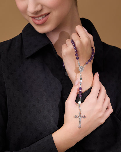 Sterling Silver Rosary with Amethyst, Mother-of-pearl and Indian Agate Beads