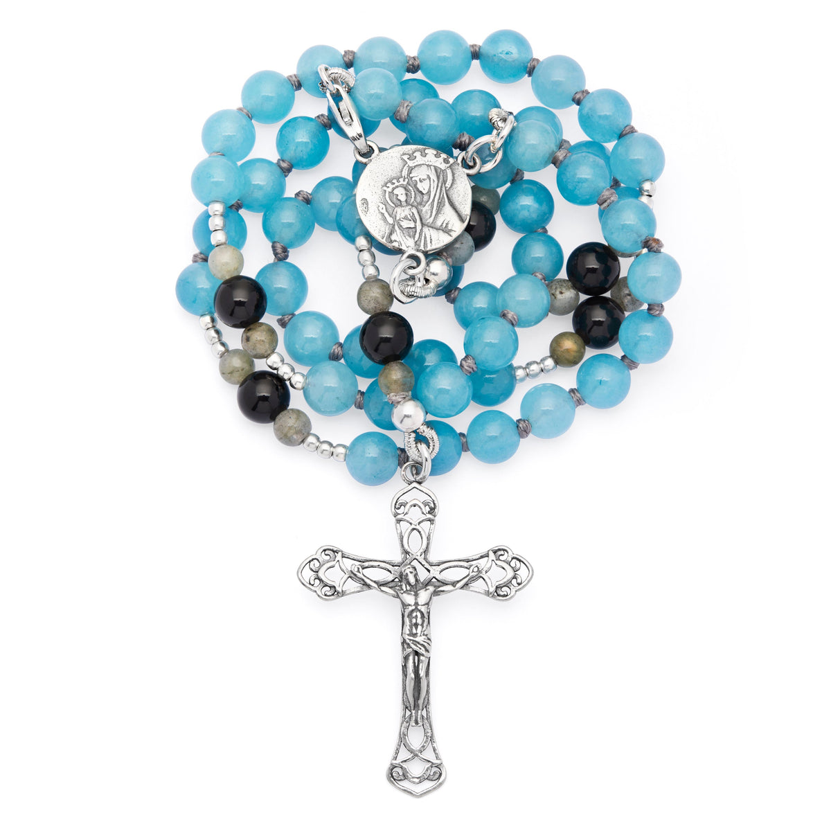 Sterling Silver Rosary with Angelite, Mother-of-pearl and Labradorite Beads