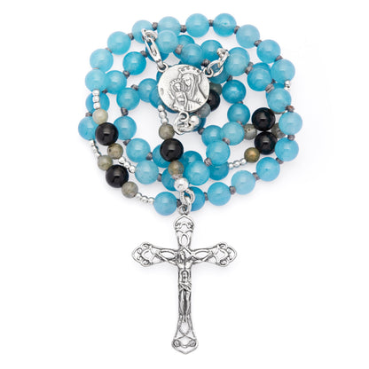 Sterling Silver Rosary with Angelite, Mother-of-pearl and Labradorite Beads