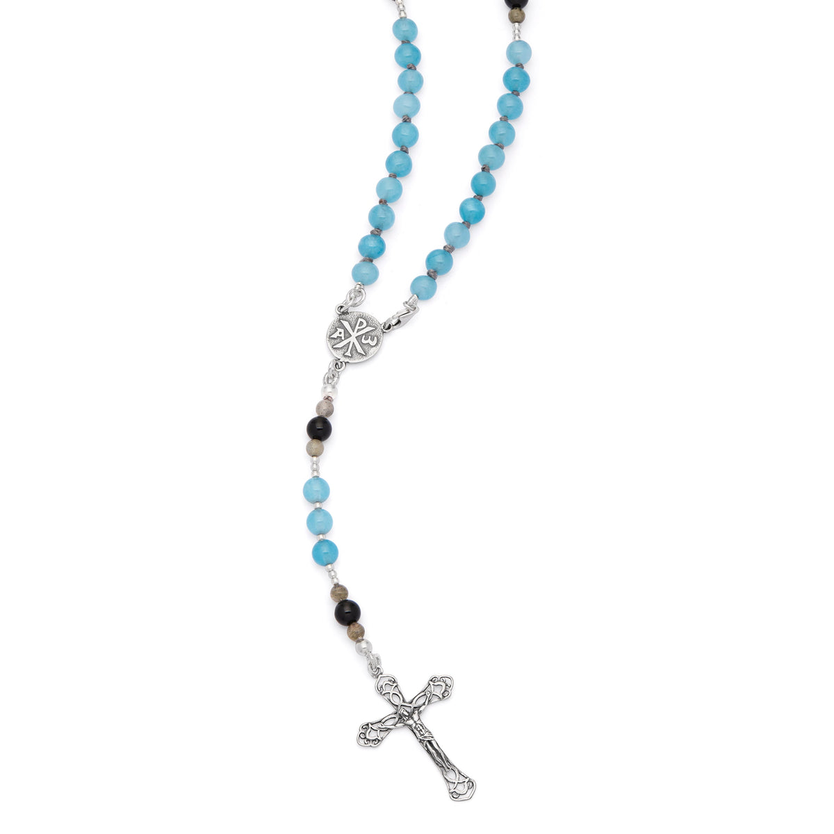 Sterling Silver Rosary with Angelite, Mother-of-pearl and Labradorite Beads