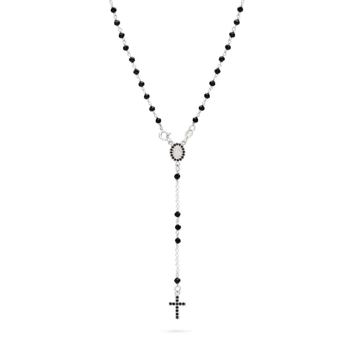 Sterling Silver Rosary with Black Beads and Black Cubic Zirconia