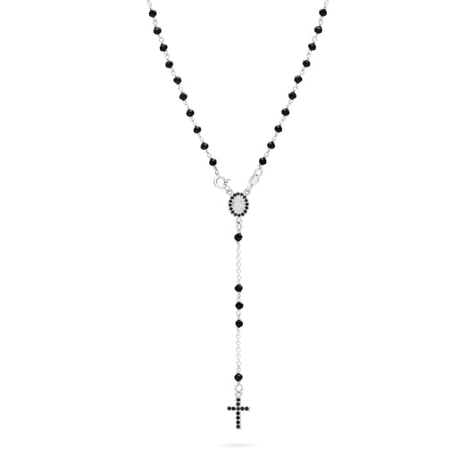 Sterling Silver Rosary with Black Beads and Black Cubic Zirconia