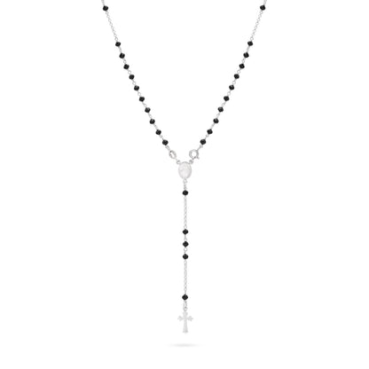 Sterling Silver Rosary with Black Beads and Trefoil Cross