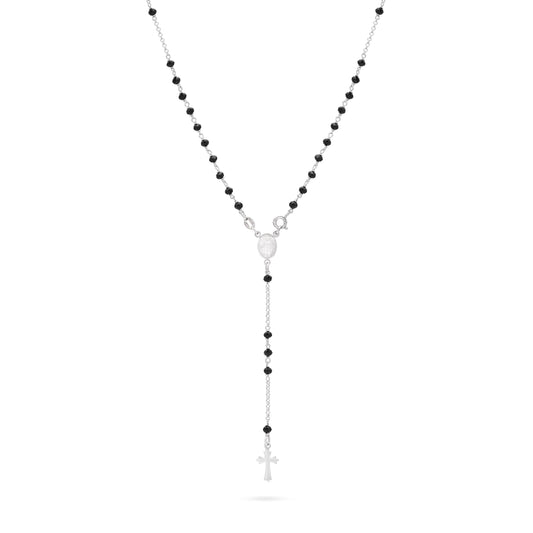 Sterling Silver Rosary with Black Beads and Trefoil Cross