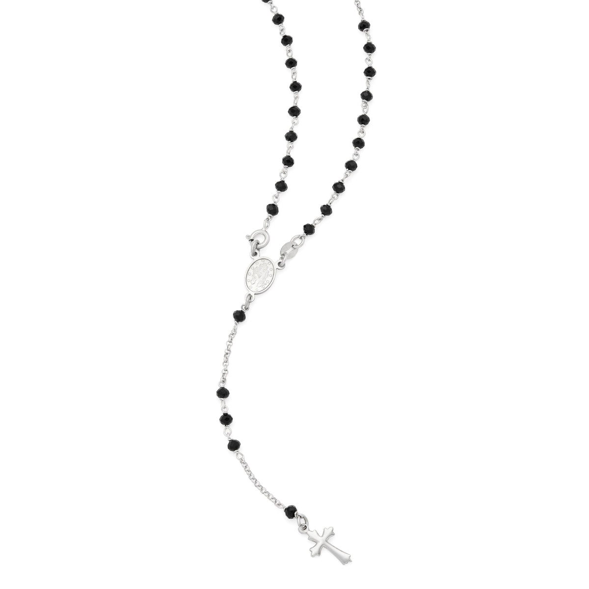 Sterling Silver Rosary with Black Beads and Trefoil Cross