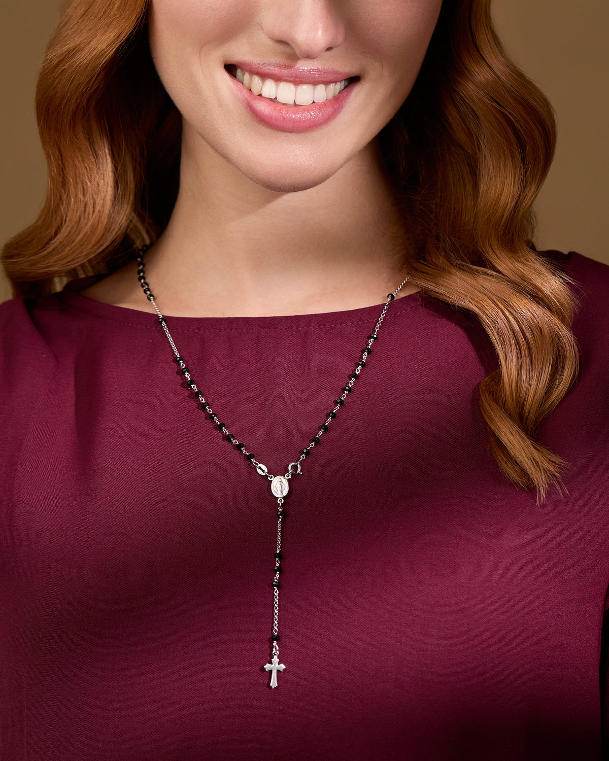 Sterling Silver Rosary with Black Beads and Trefoil Cross