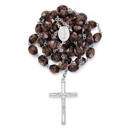 Sterling Silver Rosary with Black Crystal Beads and Rosettes with the Miraculous Medal