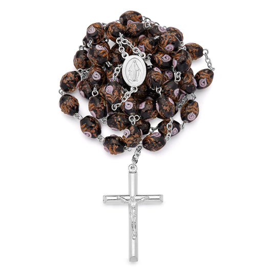 Sterling Silver Rosary with Black Crystal Beads and Rosettes with the Miraculous Medal