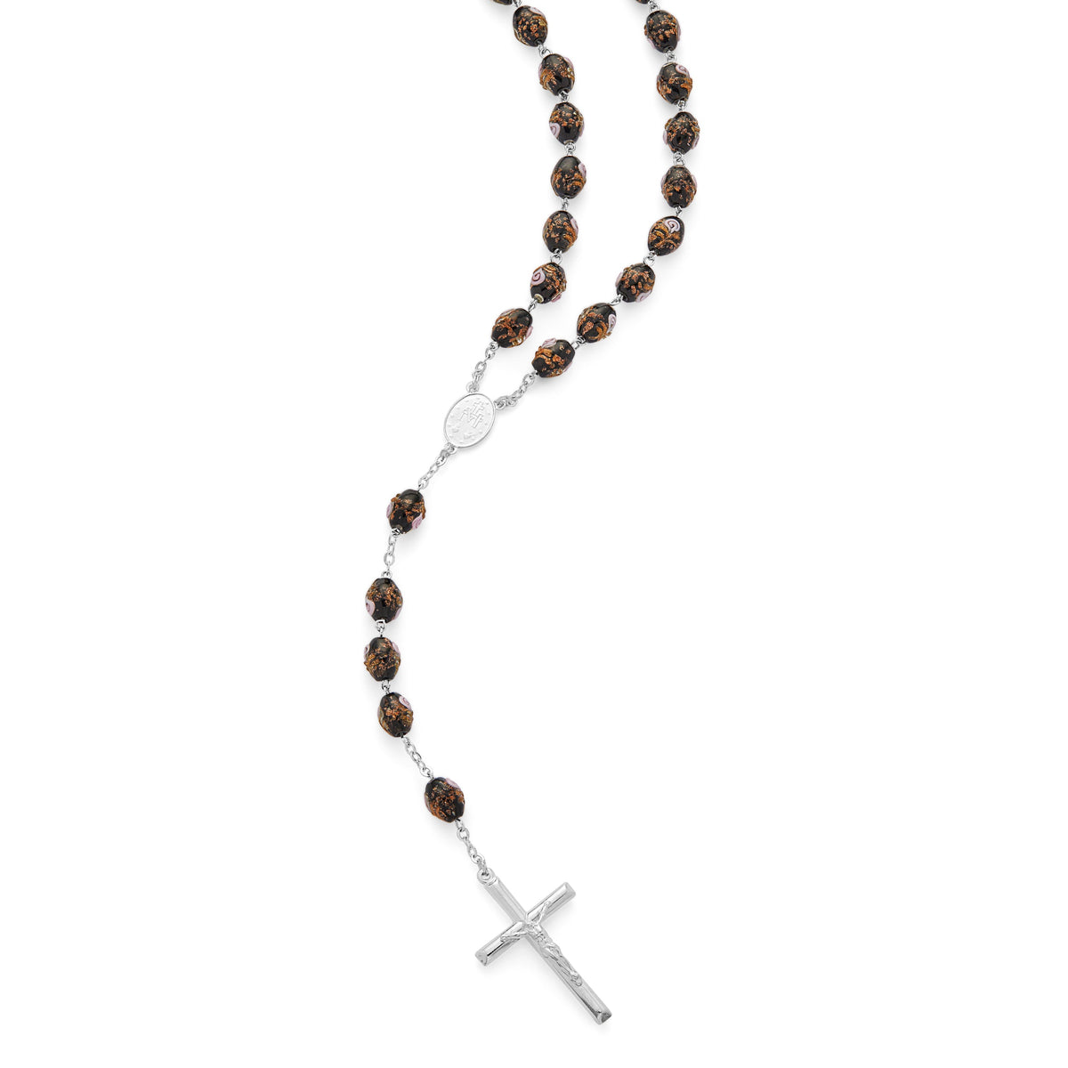 Sterling Silver Rosary with Black Crystal Beads and Rosettes with the Miraculous Medal