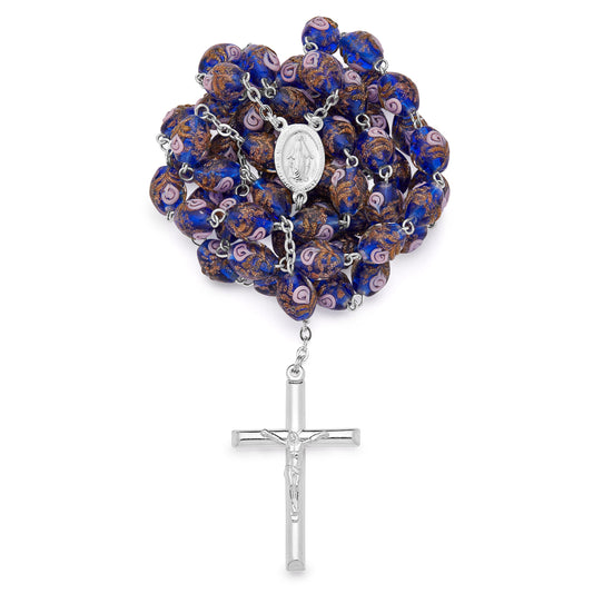 Sterling Silver Rosary with Blue Crystal Beads and Rosettes with the Miraculous Medal