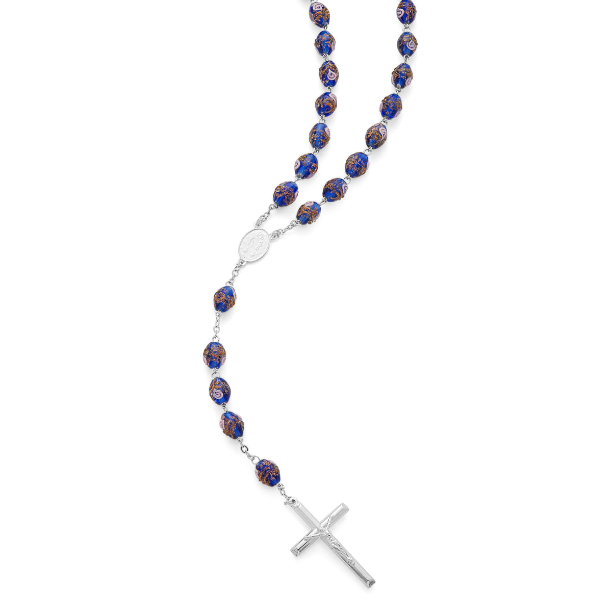 Sterling Silver Rosary with Blue Crystal Beads and Rosettes with the Miraculous Medal