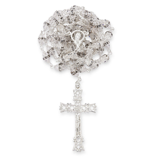 Sterling Silver Rosary with Faceted Clear Crystal Beads and Rhinestone Spacers