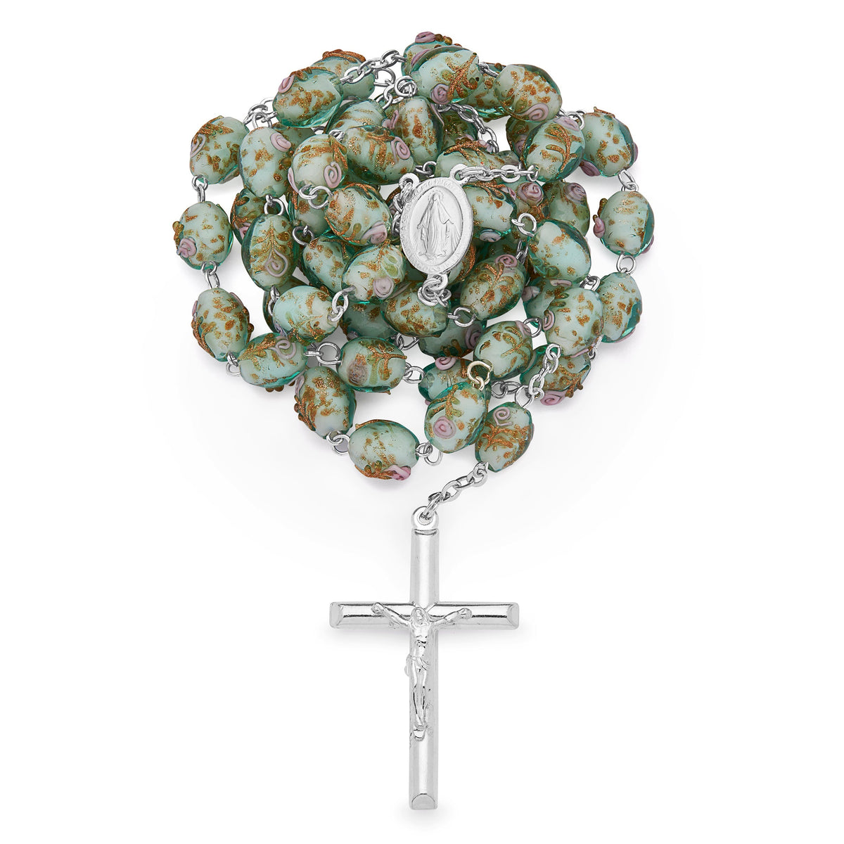 Sterling Silver Rosary with Green Crystal Beads and Rosettes with the Miraculous Medal