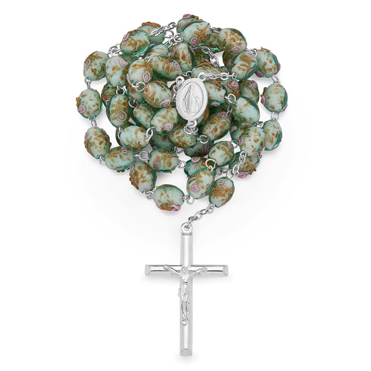 Sterling Silver Rosary with Green Crystal Beads and Rosettes with the Miraculous Medal