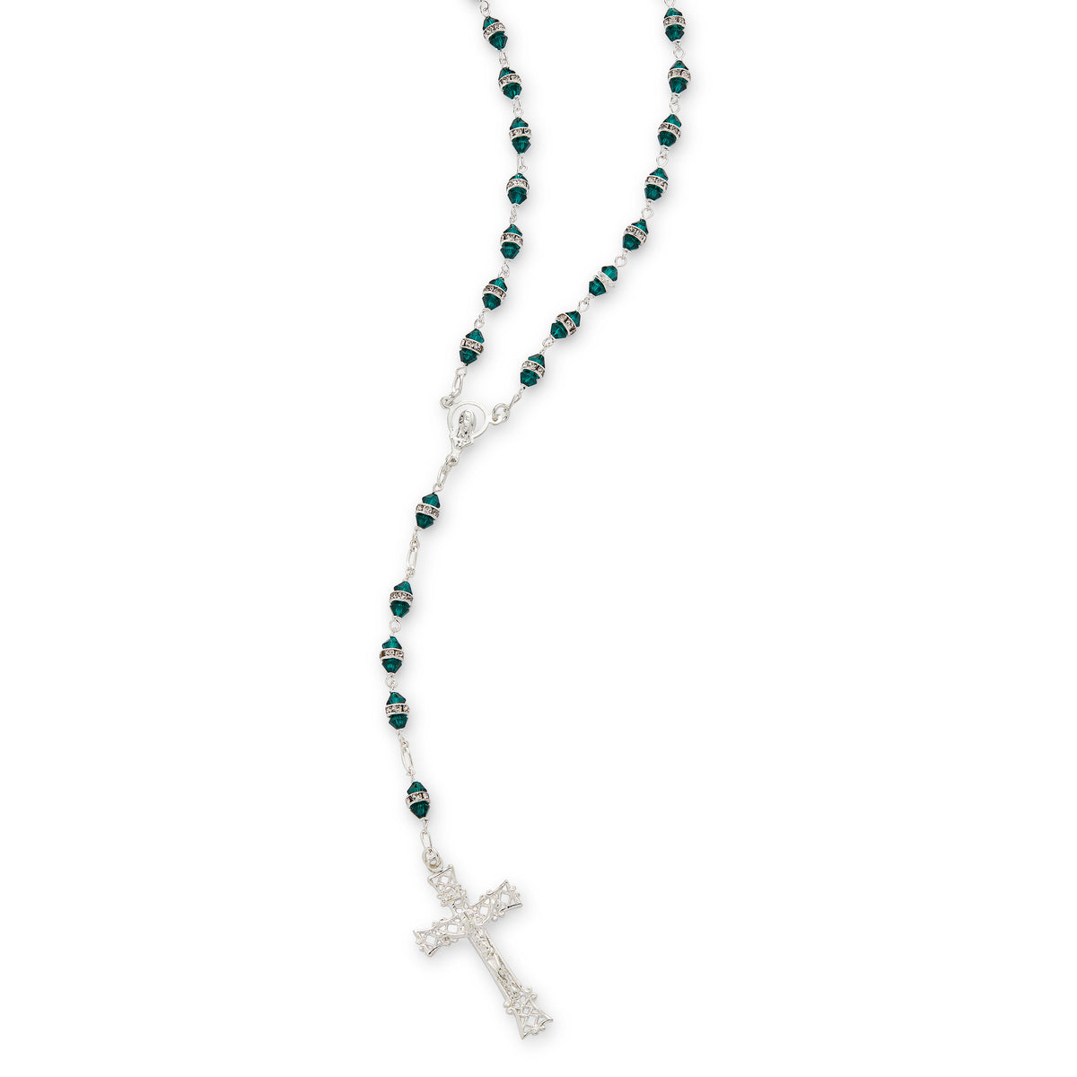 Sterling Silver Rosary with Green Faceted Crystal Beads and Rhinestone Spacers