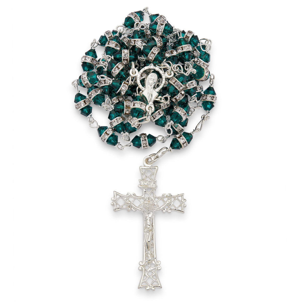 Sterling Silver Rosary with Green Faceted Crystal Beads and Rhinestone Spacers