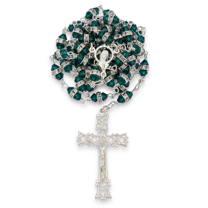 Sterling Silver Rosary with Green Faceted Crystal Beads and Rhinestone Spacers