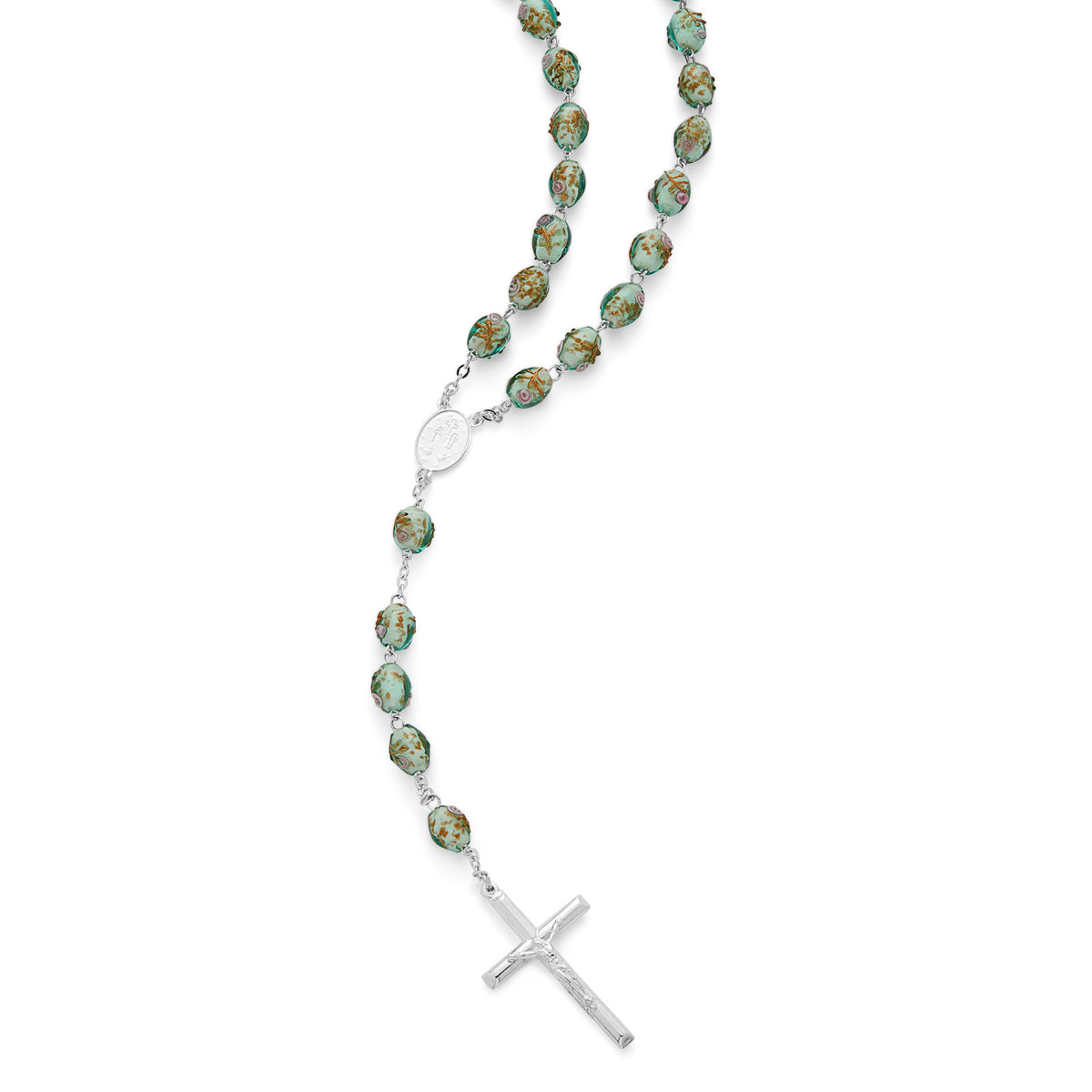 Sterling Silver Rosary with Green Crystal Beads and Rosettes with the Miraculous Medal