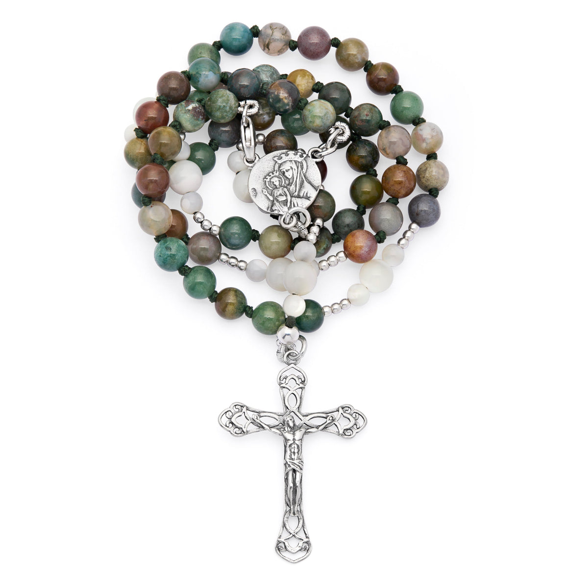 Sterling Silver Rosary with Indian Agate and Mother-of-pearl Beads